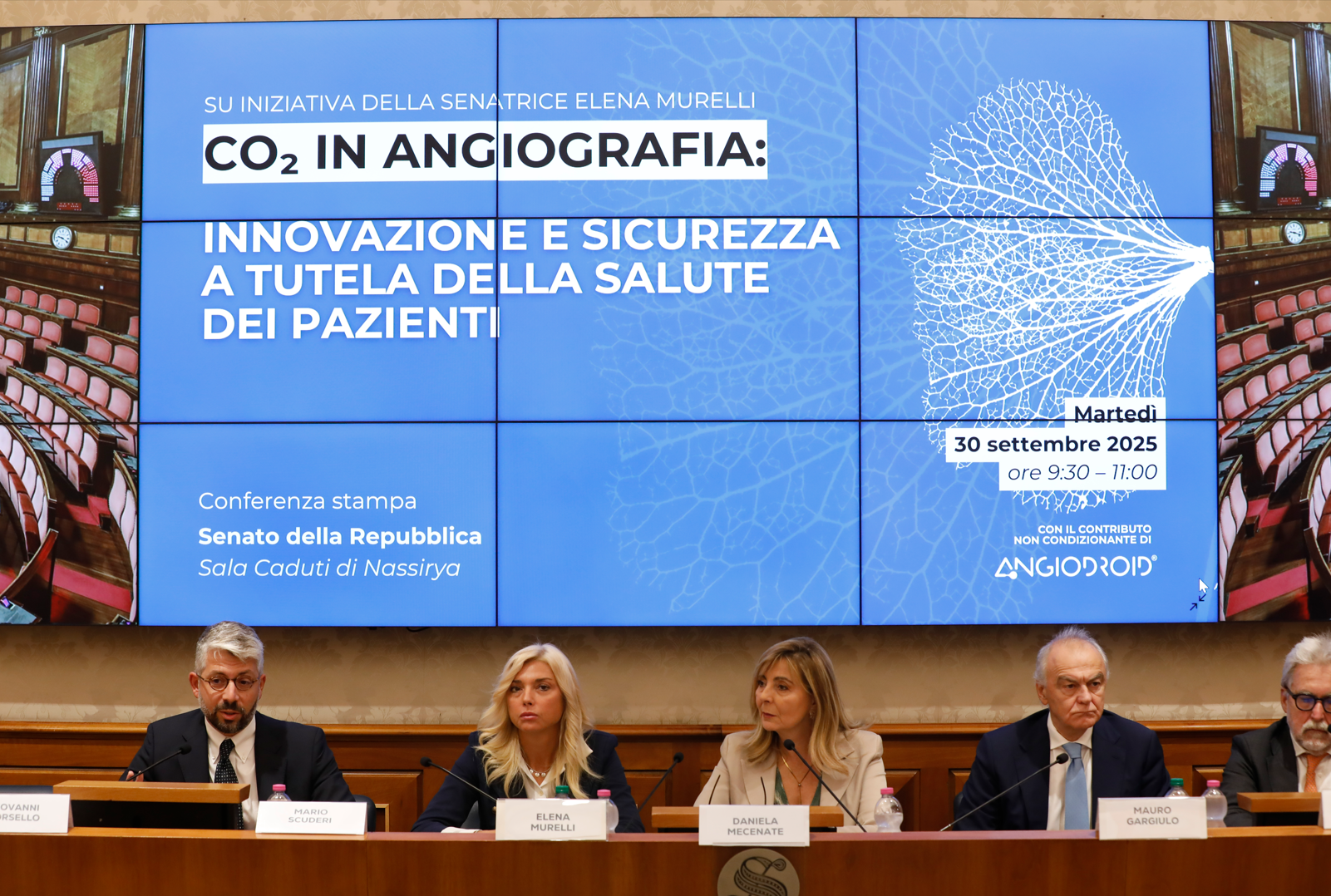 Press conference at the Italian Senate titled ‘CO₂ in Angiography: Innovation and Safety Protecting Patients’ Health,’ promoted by Senator Elena Murelli with the contribution of Angiodroid. Panel speakers seated at the table during the event at Sala Caduti di Nassiriya on September 30, 2025.